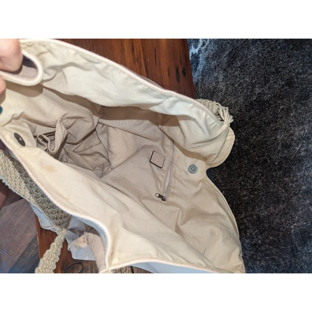 Boho Coastal Cowgirl Cream Faux Leather Hobo Bag Macrame Strap‎ Tote